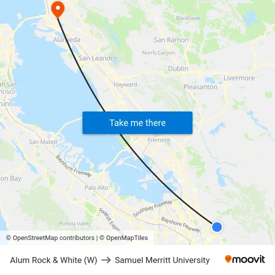 Alum Rock & White (W) to Samuel Merritt University map