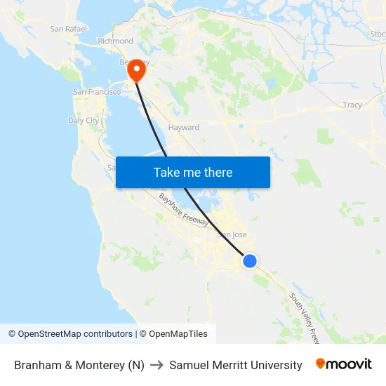 Branham & Monterey (N) to Samuel Merritt University map