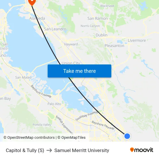Capitol & Tully (S) to Samuel Merritt University map