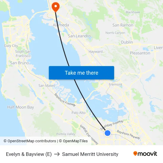 Evelyn & Bayview (E) to Samuel Merritt University map