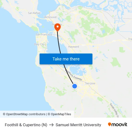 Foothill & Cupertino (N) to Samuel Merritt University map