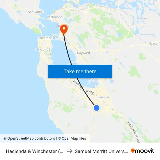 Hacienda & Winchester (W) to Samuel Merritt University map