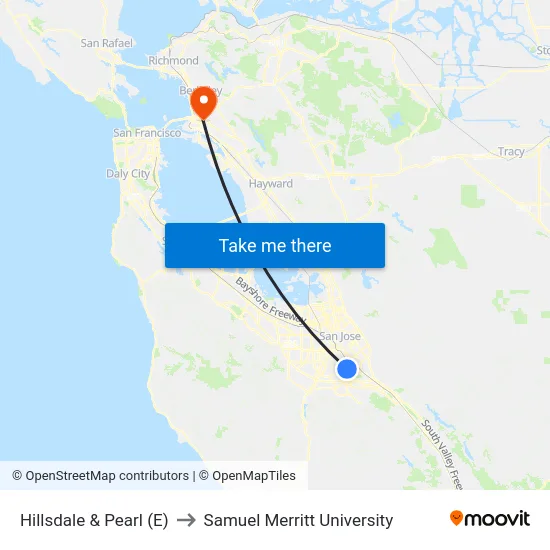 Hillsdale & Pearl (E) to Samuel Merritt University map