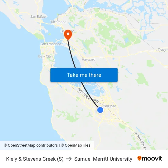 Kiely & Stevens Creek (S) to Samuel Merritt University map
