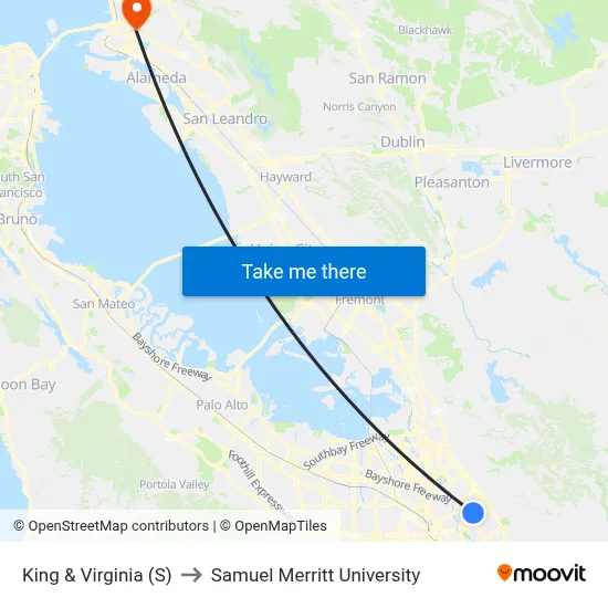 King & Virginia (S) to Samuel Merritt University map