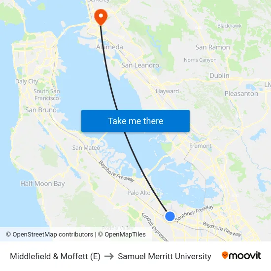 Middlefield & Moffett (E) to Samuel Merritt University map