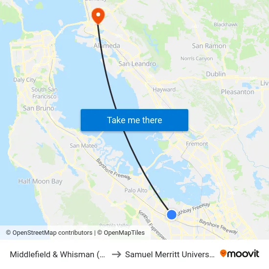 Middlefield & Whisman (W) to Samuel Merritt University map