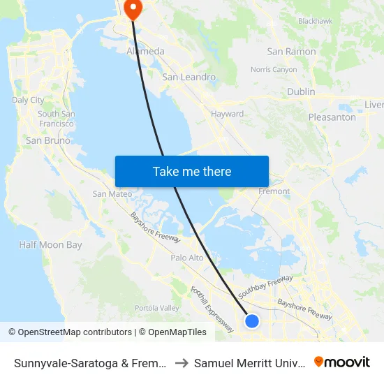 Sunnyvale-Saratoga & Fremont (S) to Samuel Merritt University map