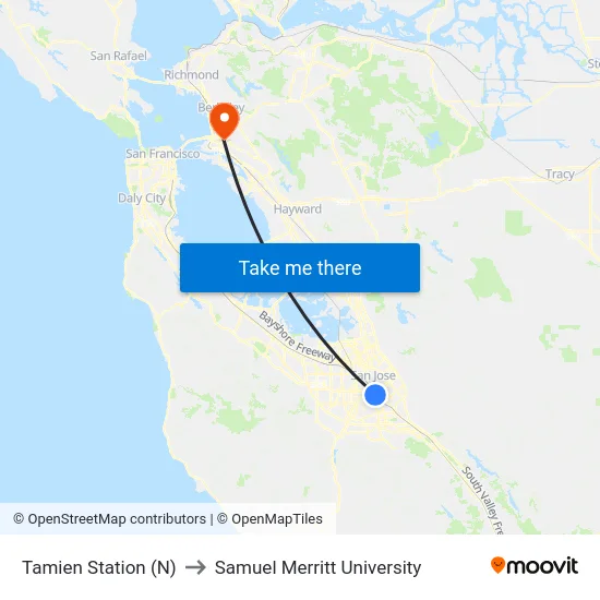 Tamien Station (N) to Samuel Merritt University map