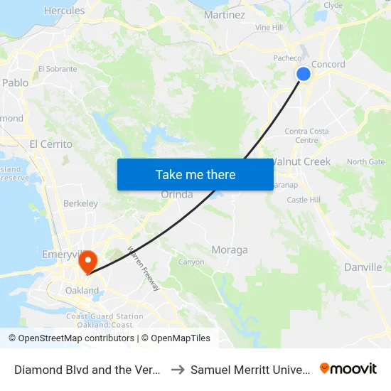 Diamond Blvd and the Veranda to Samuel Merritt University map