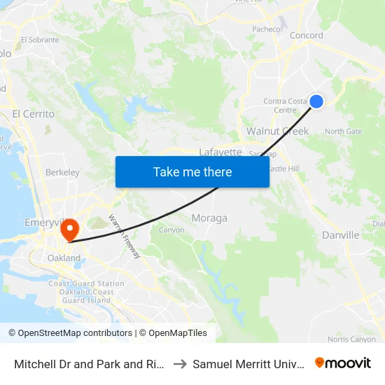 Mitchell Dr and Park and Ride Lot to Samuel Merritt University map
