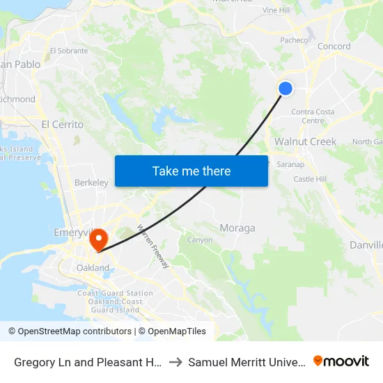 Gregory Ln and Pleasant Hill Rd to Samuel Merritt University map