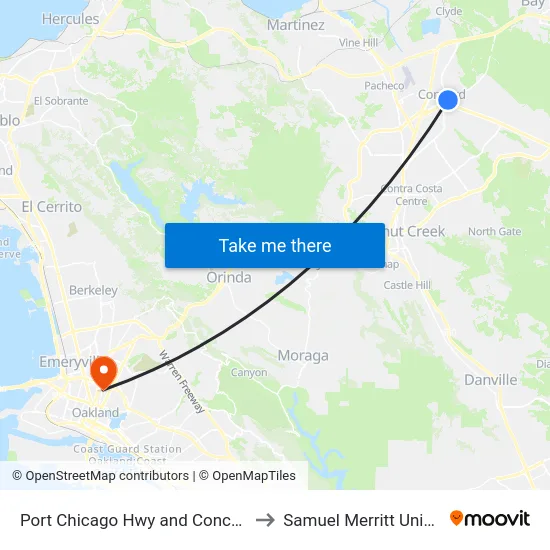 Port Chicago Hwy and Concord Blvd to Samuel Merritt University map
