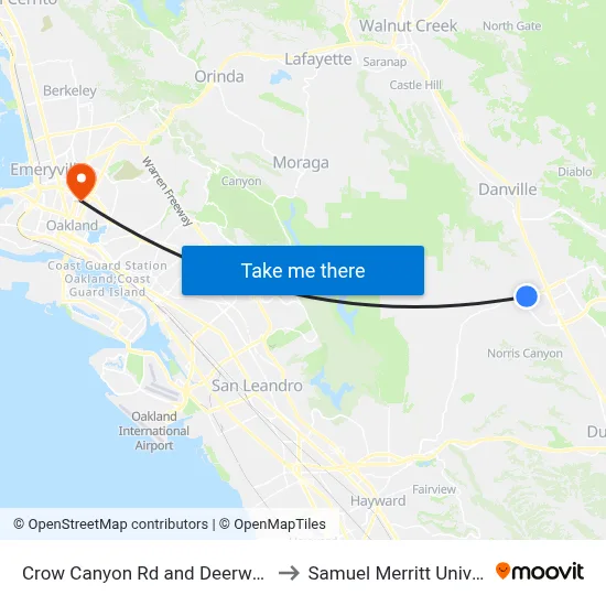 Crow Canyon Rd and Deerwood Rd to Samuel Merritt University map