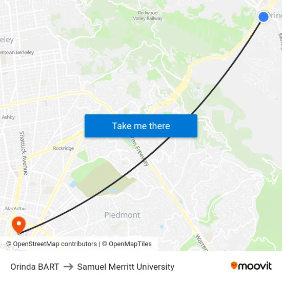 Orinda BART to Samuel Merritt University map