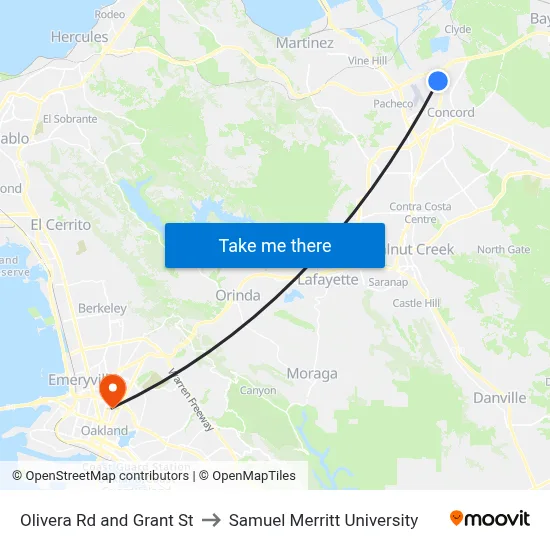 Olivera Rd and Grant St to Samuel Merritt University map
