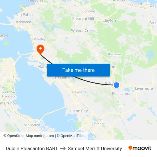Dublin Pleasanton BART to Samuel Merritt University map