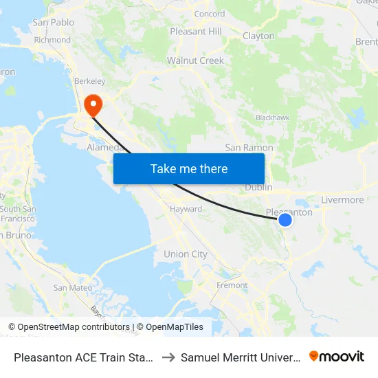 Pleasanton ACE Train Station to Samuel Merritt University map