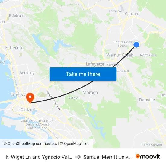 N Wiget Ln and Ygnacio Valley Rd to Samuel Merritt University map