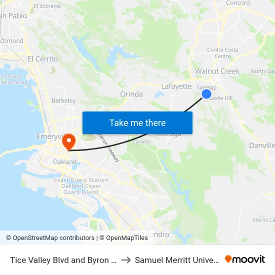 Tice Valley Blvd and Byron Park to Samuel Merritt University map