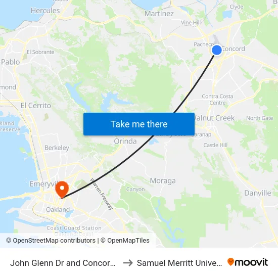 John Glenn Dr and Concord Ave to Samuel Merritt University map