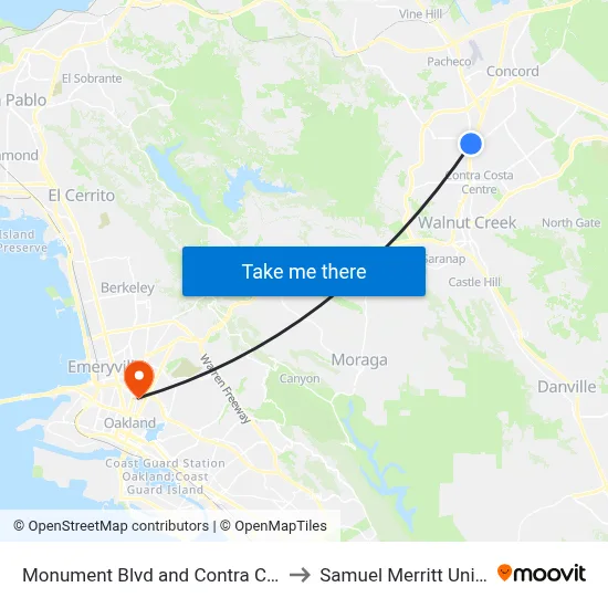 Monument Blvd and Contra Costa Blvd to Samuel Merritt University map