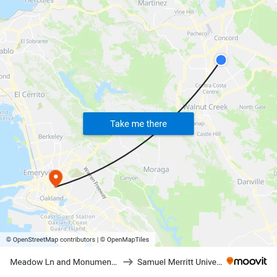 Meadow Ln and Monument Blvd to Samuel Merritt University map