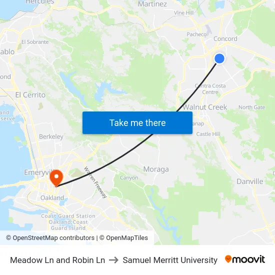Meadow Ln and Robin Ln to Samuel Merritt University map