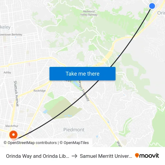 Orinda Way and Orinda Library to Samuel Merritt University map