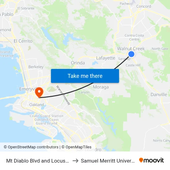 Mt Diablo Blvd and Locust St to Samuel Merritt University map