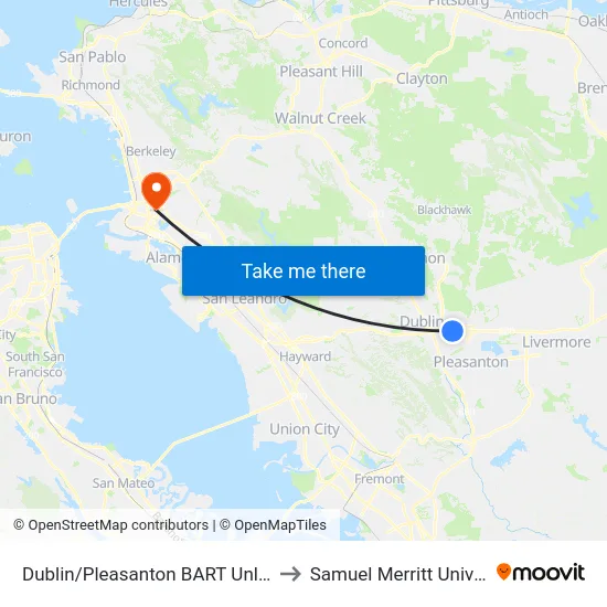 Dublin/Pleasanton BART Unloading to Samuel Merritt University map