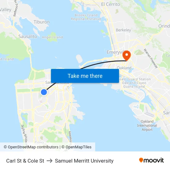 Carl St & Cole St to Samuel Merritt University map