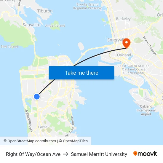 Right Of Way/Ocean Ave to Samuel Merritt University map