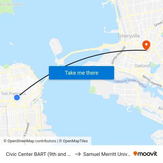 Civic Center BART (9th and Market) to Samuel Merritt University map