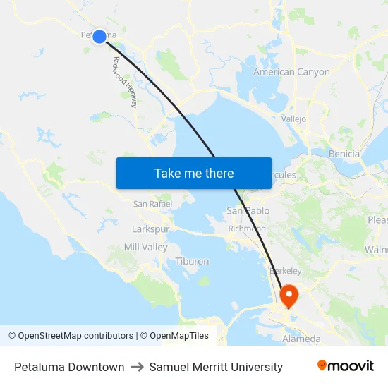 Petaluma Downtown to Samuel Merritt University map