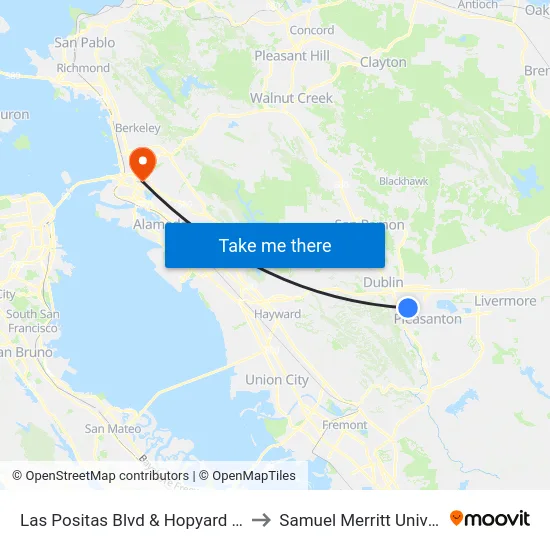 Las Positas Blvd & Hopyard Rd WB to Samuel Merritt University map