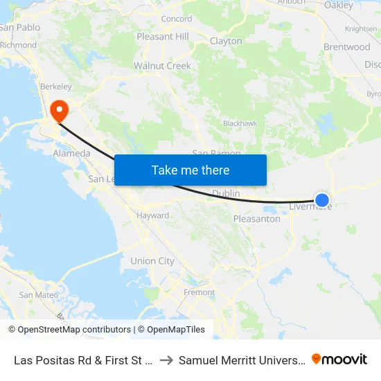 Las Positas Rd & First St EB to Samuel Merritt University map