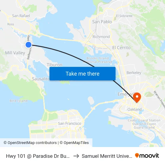 Hwy 101 @ Paradise Dr Bus Pad to Samuel Merritt University map