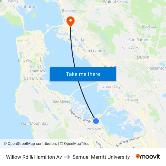 Willow Rd & Hamilton Av to Samuel Merritt University map