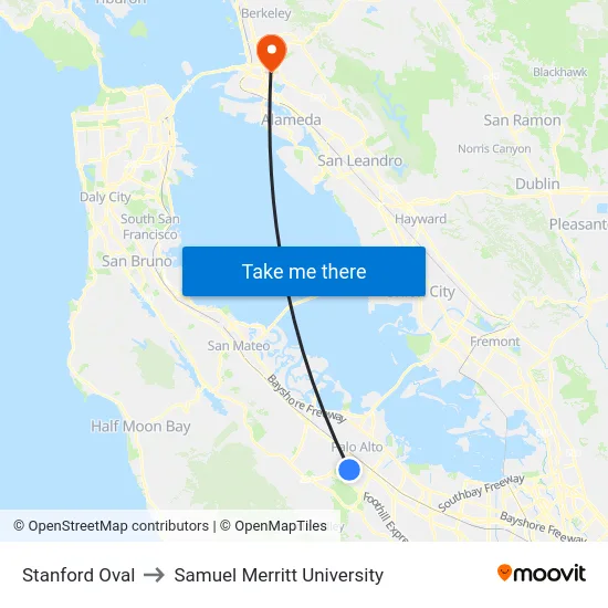 Stanford Oval to Samuel Merritt University map