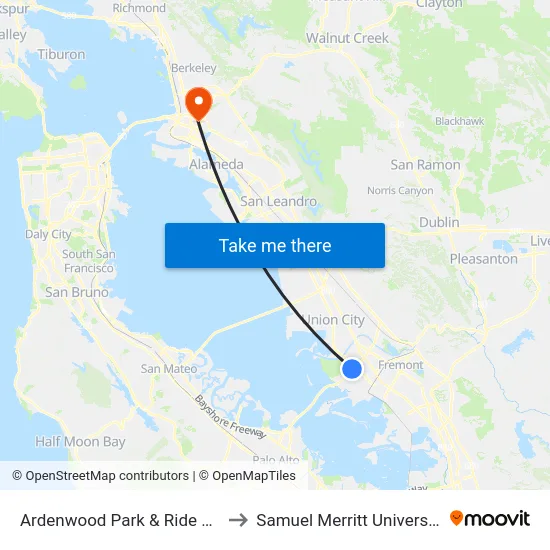 Ardenwood Park & Ride Lot to Samuel Merritt University map