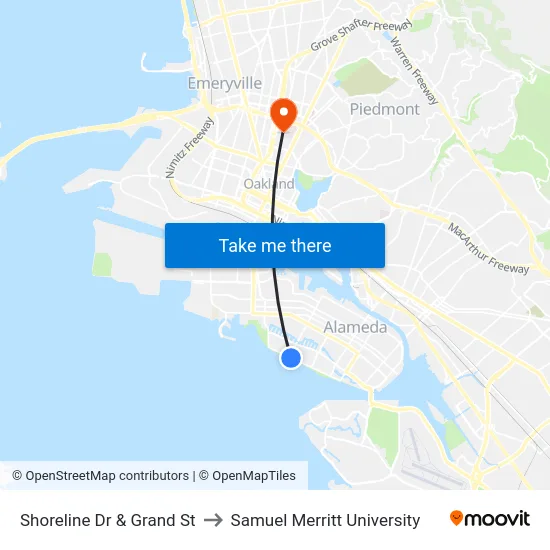 Shoreline Dr & Grand St to Samuel Merritt University map