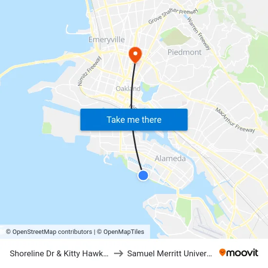 Shoreline Dr & Kitty Hawk Rd to Samuel Merritt University map