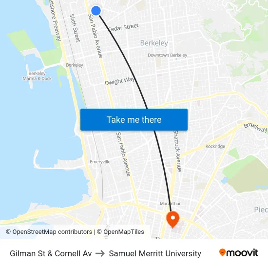 Gilman St & Cornell Av to Samuel Merritt University map