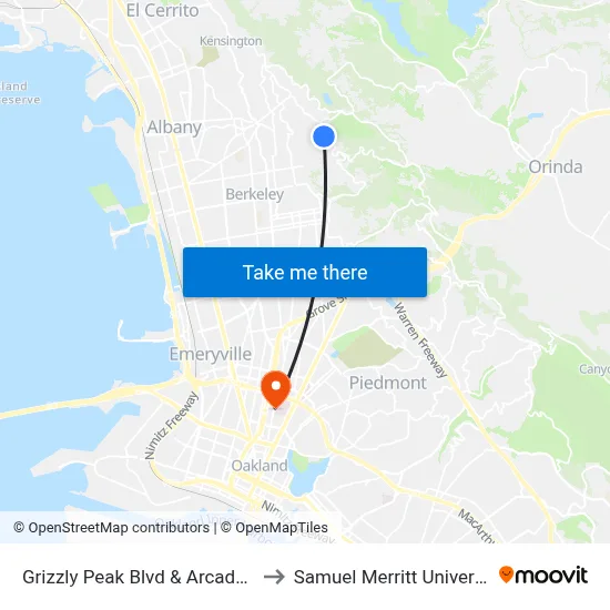 Grizzly Peak Blvd & Arcade Av to Samuel Merritt University map