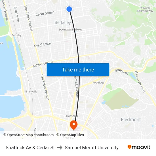 Shattuck Av & Cedar St to Samuel Merritt University map