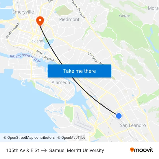 105th Av & E St to Samuel Merritt University map