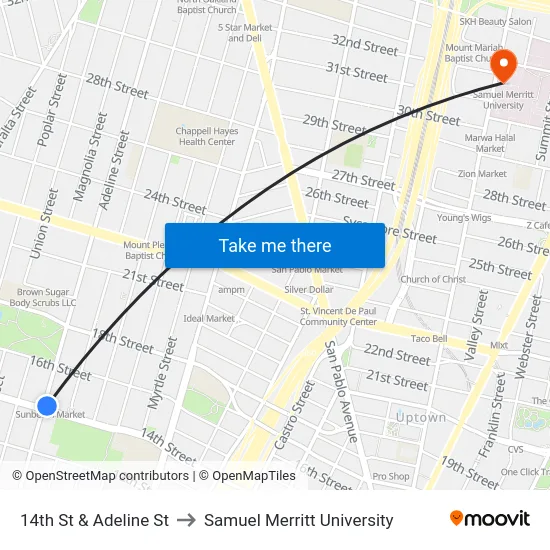 14th St & Adeline St to Samuel Merritt University map