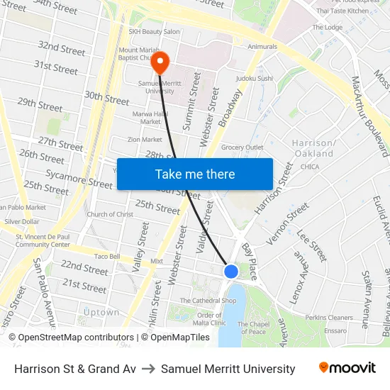 Harrison St & Grand Av to Samuel Merritt University map
