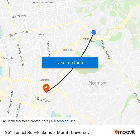 261 Tunnel Rd to Samuel Merritt University map